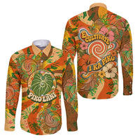 Hawaiian Piko Lani Cultivate I Ka Piko Aloha Family Matching Short Sleeve Bodycon Dress and Hawaiian Shirt Retro Psychedelic Taro Leaf - Hibiscus Flowers TS04 Dad's Shirt - Long Sleeve Orange Green - Polynesian Pride