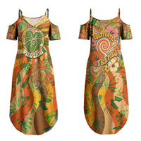 Hawaiian Piko Lani Cultivate I Ka Piko Aloha Family Matching Summer Maxi Dress and Hawaiian Shirt Retro Psychedelic Taro Leaf - Hibiscus Flowers TS04 Mom's Dress Orange Green - Polynesian Pride