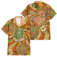 Hawaiian Piko Lani Cultivate I Ka Piko Aloha Family Matching Summer Maxi Dress and Hawaiian Shirt Retro Psychedelic Taro Leaf - Hibiscus Flowers TS04 Dad's Shirt - Short Sleeve Orange Green - Polynesian Pride