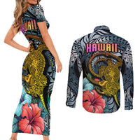 Hawaii Turtle Couples Matching Short Sleeve Bodycon Dress and Long Sleeve Button Shirts Hawaii Pattern and Turtle Tattoo Dark Cyan Gradient TS04 - Polynesian Pride