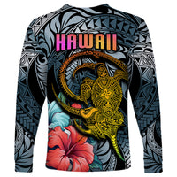 Hawaii Turtle Long Sleeve Shirt Hawaii Pattern and Turtle Tattoo Dark Cyan Gradient TS04 - Polynesian Pride