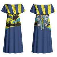 Waimanalo Oahu Hawaii Surfing Couples Matching Off Shoulder Maxi Dress and Hawaiian Shirt Tropical Beach Retro Sunburst Surfboard