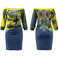 Waimanalo Oahu Hawaii Surfing Couples Matching Off The Shoulder Long Sleeve Dress and Hawaiian Shirt Tropical Beach Retro Sunburst Surfboard
