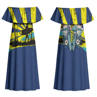 Waimanalo Oahu Hawaii Surfing Family Matching Off Shoulder Maxi Dress and Hawaiian Shirt Tropical Beach Retro Sunburst Surfboard