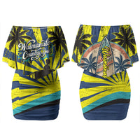 Waimanalo Oahu Hawaii Surfing Family Matching Off Shoulder Short Dress and Hawaiian Shirt Tropical Beach Retro Sunburst Surfboard