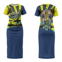 Waimanalo Oahu Hawaii Surfing Family Matching Short Sleeve Bodycon Dress and Hawaiian Shirt Tropical Beach Retro Sunburst Surfboard