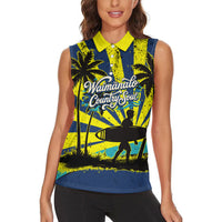 Waimanalo Oahu Hawaii Surfing Women Sleeveless Polo Shirt Tropical Beach Retro Sunburst Surfboard