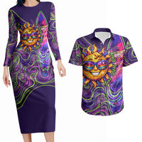 Waimanalo Hawaii Sun Rabbit Couples Matching Long Sleeve Bodycon Dress and Hawaiian Shirt Psychedelic Trippy Neon Swirl Graphic