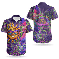 Waimanalo Hawaii Sun Rabbit Couples Matching Long Sleeve Bodycon Dress and Hawaiian Shirt Psychedelic Trippy Neon Swirl Graphic