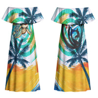 Hawaii Waimanalo Sea Turtle Couples Matching Off Shoulder Maxi Dress and Long Sleeve Button Shirt Cute Tropical Beach Aloha Spirit Cartoon