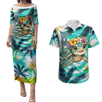 Hawaii Waimanalo Sea Turtle Couples Matching Puletasi and Hawaiian Shirt Cute Tropical Beach Aloha Spirit Cartoon