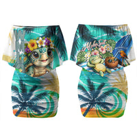 Hawaii Waimanalo Sea Turtle Family Matching Off Shoulder Short Dress and Hawaiian Shirt Cute Tropical Beach Aloha Spirit Cartoon