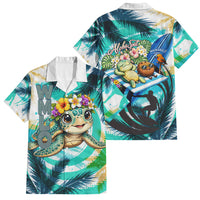 Hawaii Waimanalo Sea Turtle Family Matching Off Shoulder Short Dress and Hawaiian Shirt Cute Tropical Beach Aloha Spirit Cartoon