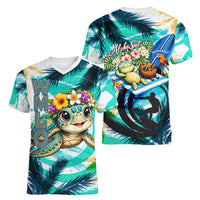 Hawaii Waimanalo Sea Turtle Women V-Neck T-Shirt Cute Tropical Beach Aloha Spirit Cartoon
