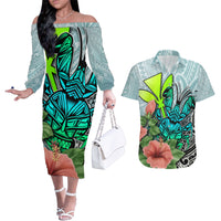 Polynesian Hawaii Couples Matching Off The Shoulder Long Sleeve Dress and Hawaiian Shirt Kanaka with Crab Tribal tattoo TS04 Multicolor - Polynesian Pride