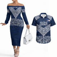 American Samoa Eagle Couples Matching Off The Shoulder Long Sleeve Dress and Hawaiian Shirt Sea Turtle Traditional Polynesian Tribal Tattoo