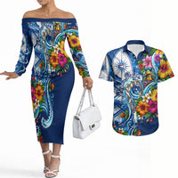 American Samoa Pago Pago Couples Matching Off The Shoulder Long Sleeve Dress and Hawaiian Shirt Sea Turtle And Fruit Bat - Tropical Hibiscus Flowers Polynesian