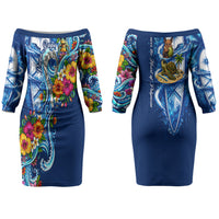 American Samoa Pago Pago Couples Matching Off The Shoulder Long Sleeve Dress and Hawaiian Shirt Sea Turtle And Fruit Bat - Tropical Hibiscus Flowers Polynesian