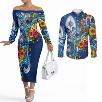 American Samoa Pago Pago Couples Matching Off The Shoulder Long Sleeve Dress and Long Sleeve Button Shirt Sea Turtle And Fruit Bat - Tropical Hibiscus Flowers Polynesian