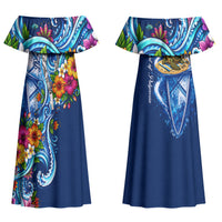 American Samoa Pago Pago Family Matching Off Shoulder Maxi Dress and Hawaiian Shirt Sea Turtle And Fruit Bat - Tropical Hibiscus Flowers Polynesian