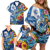 American Samoa Pago Pago Family Matching Off Shoulder Short Dress and Hawaiian Shirt Sea Turtle And Fruit Bat - Tropical Hibiscus Flowers Polynesian