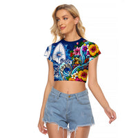 American Samoa Pago Pago Raglan Cropped T Shirt Sea Turtle And Fruit Bat - Tropical Hibiscus Flowers Polynesian