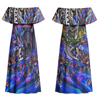 American Samoa Warrior Couples Matching Off Shoulder Maxi Dress and Long Sleeve Button Shirt Polynesian Fruit Bat Talofa Urban Graffiti Street Art