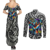 Chur Bro Shaka Sign Couples Matching Summer Maxi Dress and Long Sleeve Button Shirt New Zealand Koru Colorful Graffiti Splash TS04 - Polynesian Pride