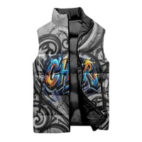 Chur Bro Shaka Sign Sleeveless Puffer Jacket New Zealand Koru Colorful Graffiti Splash