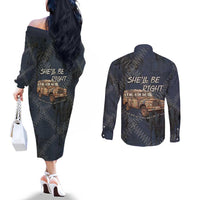 New Zealand She’ll Be Right Couples Matching Off The Shoulder Long Sleeve Dress and Long Sleeve Button Shirt NZ Slang No. 8 Wire Map Pattern TS04 - Polynesian Pride