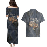 New Zealand She’ll Be Right Couples Matching Puletasi and Hawaiian Shirt NZ Slang No. 8 Wire Map Pattern