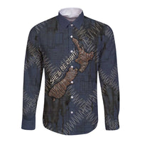 New Zealand She’ll Be Right Long Sleeve Button Shirt NZ Slang No. 8 Wire Map Pattern TS04 Unisex Navy Slate - Polynesian Pride