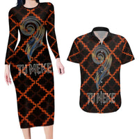 Tu Meke Maori New Zealand Slang Couples Matching Long Sleeve Bodycon Dress and Hawaiian Shirt with Glow Neon Step Style TS04 Black Orange - Polynesian Pride