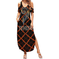 Tu Meke Maori New Zealand Slang Family Matching Summer Maxi Dress and Hawaiian Shirt with Glow Neon Step Style TS04 Mom's Dress Black Orange - Polynesian Pride