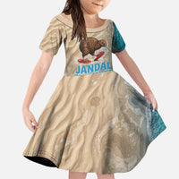 Kiwi Jandal Beach Life Family Matching Summer Maxi Dress and Hawaiian Shirt New Zealand Flip Flops Ocean Wave Surf Style TS04 Daughter's Dress Beige Cyan - Polynesian Pride