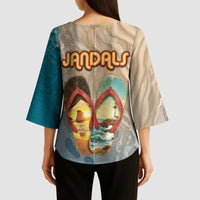 Kiwi Jandal Beach Life Kimono Sleeve Blouse New Zealand Flip Flops Ocean Wave Surf Style