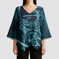 Chuuk Deep Into Truk Lagoon Kimono Sleeve Blouse Polynesian Tribal Pattern Wreck Diving Teal Ship Art