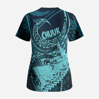 Chuuk Deep Into Truk Lagoon Scrub Top Polynesian Tribal Pattern Wreck Diving Teal Ship Art