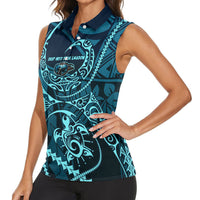 Chuuk Deep Into Truk Lagoon Women Sleeveless Polo Shirt Polynesian Tribal Pattern Wreck Diving Teal Ship Art