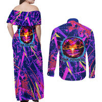 Chuuk Tropical Sunset Coordinates Couples Matching Off Shoulder Maxi Dress and Long Sleeve Button Shirt Neon Graffiti Polynesian Tribal
