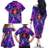 Chuuk Tropical Sunset Coordinates Family Matching Off The Shoulder Long Sleeve Dress and Hawaiian Shirt Neon Graffiti Polynesian Tribal