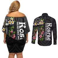 Kosrae Nautical Heritage Couples Matching Off Shoulder Short Dress and Long Sleeve Button Shirt Polynesian Tribal Anchor With Plumeria Tropical Art