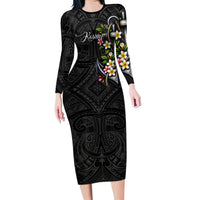 Kosrae Nautical Heritage Family Matching Long Sleeve Bodycon Dress and Hawaiian Shirt Polynesian Tribal Anchor With Plumeria Tropical Art TS04 Mom's Dress Black Grey - Polynesian Pride