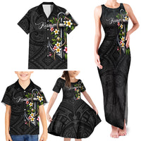 Kosrae Nautical Heritage Family Matching Tank Maxi Dress and Hawaiian Shirt Polynesian Tribal Anchor With Plumeria Tropical Art