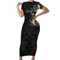 Kosrae Nautical Heritage Short Sleeve Bodycon Dress Polynesian Tribal Anchor With Plumeria Tropical Art