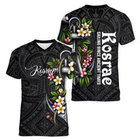 Kosrae Nautical Heritage Women V-Neck T-Shirt Polynesian Tribal Anchor With Plumeria Tropical Art
