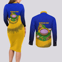 Kosrae Fafa Culinary Heritage Couples Matching Long Sleeve Bodycon Dress and Long Sleeve Button Shirt Kosraean Gold Taro Tradition Illustration With Coconut Leaves