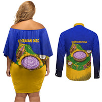 Kosrae Fafa Culinary Heritage Couples Matching Off Shoulder Short Dress and Long Sleeve Button Shirt Kosraean Gold Taro Tradition Illustration With Coconut Leaves