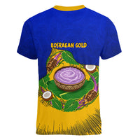 Kosrae Fafa Culinary Heritage Women V-Neck T-Shirt Kosraean Gold Taro Tradition Illustration With Coconut Leaves