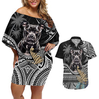 Polynesian Pitbull Couples Matching Off Shoulder Short Dress and Hawaiian Shirt Polynesian Pattern And Pitbull TS04 Black - Polynesian Pride